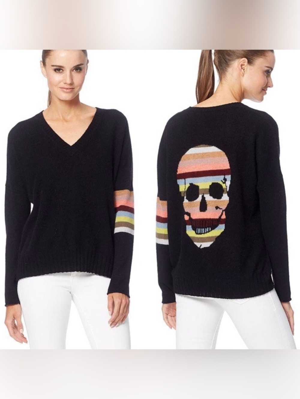 Skull Cashmere Black Multicolor Striped Skull V-neck Sweater Womens Medium